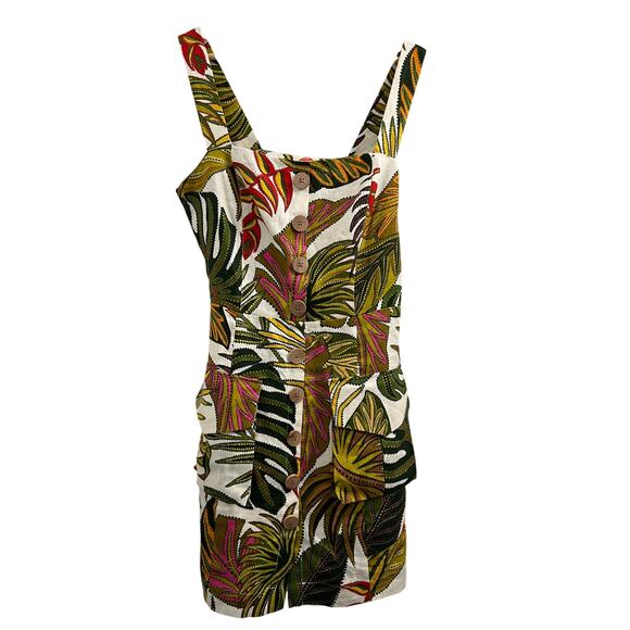 Farm Rio Spotted Leaves Utility Linen Mini Dress with Pockets Large Tropical - Picture 2 of 6